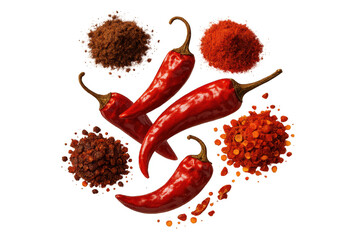 Red Chili Peppers and Powders Isolated on a Transparent Background, spicy