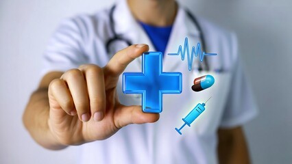 Doctor holding a blue medical cross with healthcare icons floating around