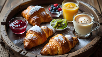 Breakfast with fresh croissants coffee and fruit on a table