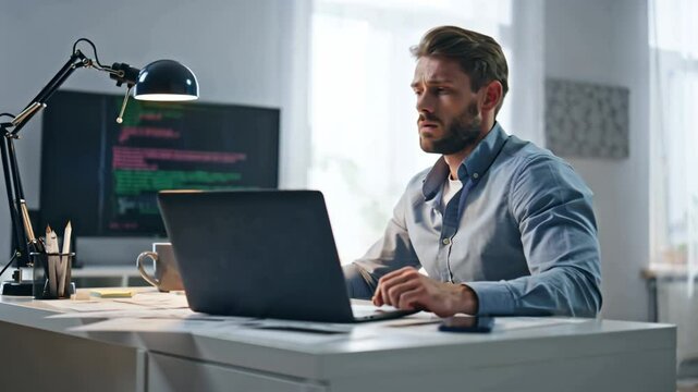 stressed male freelancer at table with laptop at home problems with project,