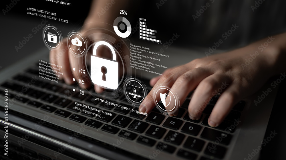 Poster cyber security protects against breaches, hacks, and network attacks using strong infrastructure and