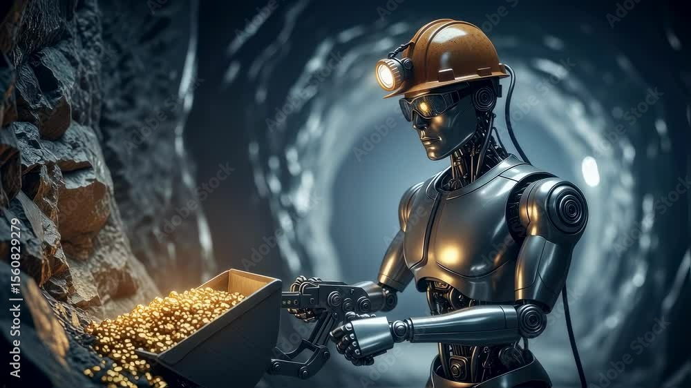 Poster futuristic robot miner with headlamp extracting gold in dark cave tunnel, automation in mining indus