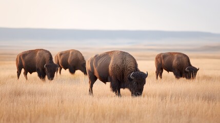 Four buffalo grazing in a field