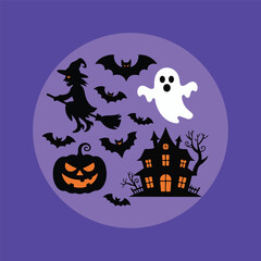 Halloween witch ghost pumpkin bats haunted house vector