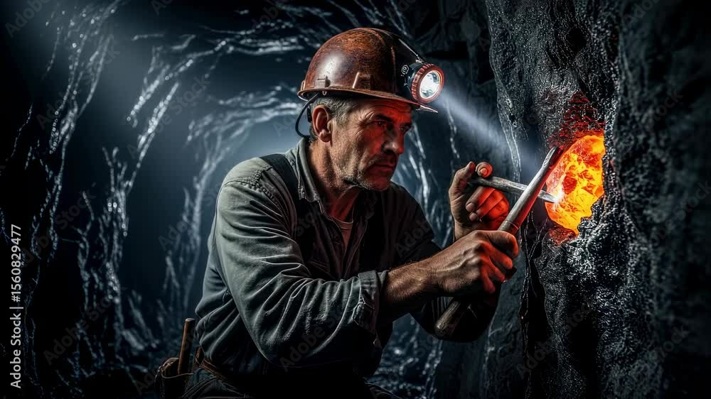 Poster miner extract ore from rock. man in hard hat with headlamp mining in tunnel pulling glowing mineral.