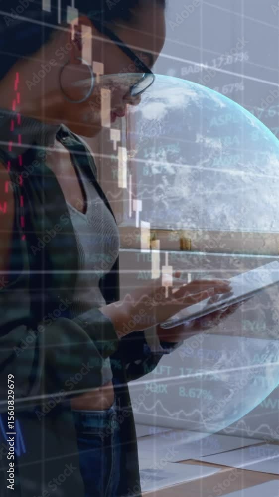 Poster graph and statistical data and globe against female architect using digital tablet