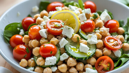 Fresh vegetable salad with feta cheese tomatoes and olives