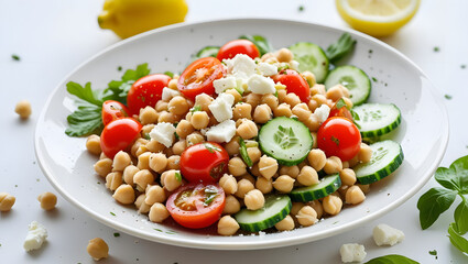 Fresh vegetable salad with feta cheese tomatoes and olives