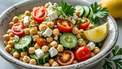 Fresh vegetable salad with feta cheese tomatoes and olives