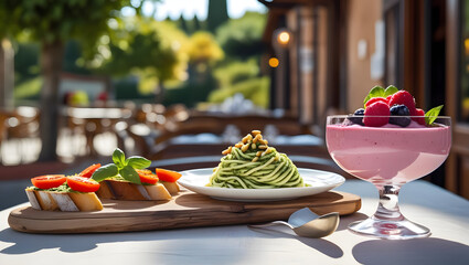 Spaghetti pasta with tomato sauce and fresh basil on a white plate