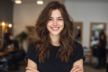 Fototapeta premium happy young woman with styled hair smiling in modern beauty salon