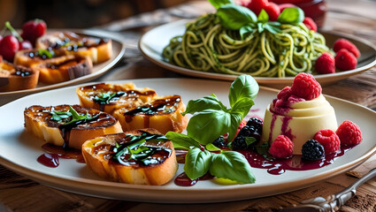 Spaghetti pasta with tomato sauce and fresh basil on a white plate