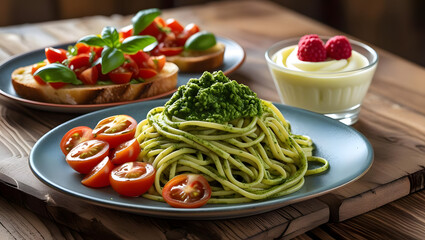 Spaghetti pasta with tomato sauce and fresh basil on a white plate