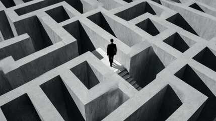 A lone figure navigating the complexities of a modern maze