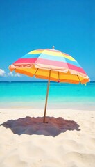 Vibrant Striped Beach Umbrella Casting Shade on Sunny Sand Perfect Summer Vacation Relaxation