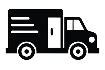 Black Graphic of a Delivery Truck with Three Lines, a Door, and Wheels