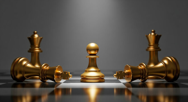 Golden pawn surrounded by fallen chess king and queen. Symbolizes underdog victory, ambition, and rise to power.
