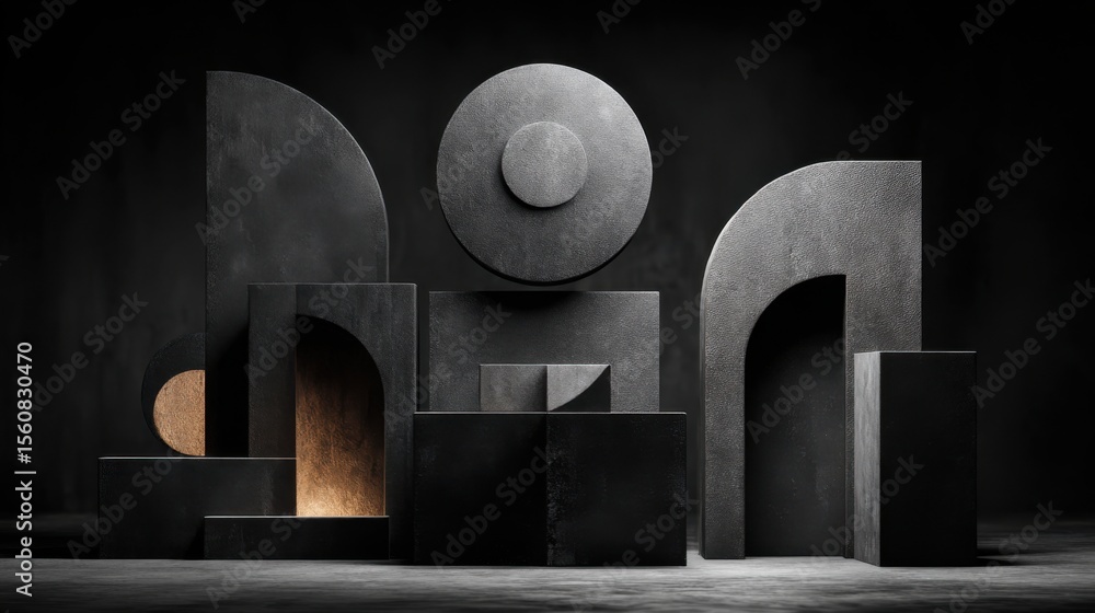Poster a collection of large, abstract geometric shapes in various finishes stands in a darkened space, hig