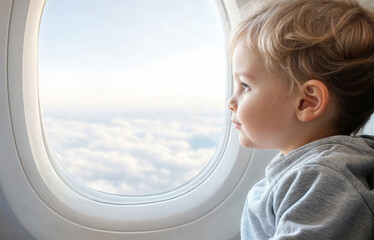 Young child gazing out airplane window, observing clouds and sky, showcasing wonder and curiosity during travel, capturing the essence of childhood exploration and adventure