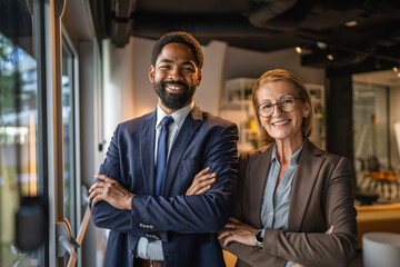 man and woman businesspeople stand arm crossed in the office