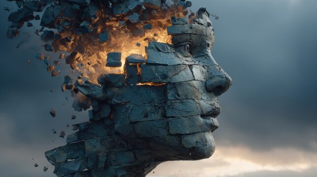 A detailed sculpture of a human face made of stone bricks is transforming, with fiery light emanating from within. The backdrop features a stormy sky, adding to the intensity of the scene.