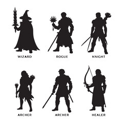 Fantasy character silhouettes with weapons characters © VARIOUS