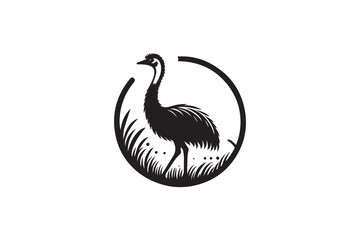 A  Emu bird,  silhouette with a simple, understated design set against a white background 