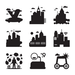 Futuristic cityscapes and technology icons skyline