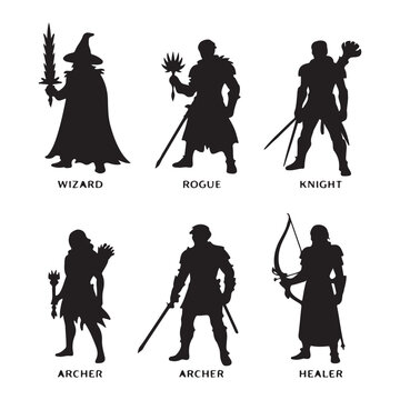 Fototapeta Fantasy character silhouettes with weapons characters