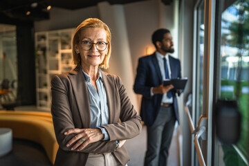pretty mature businesswoman stand arm crossed and smile at workplace