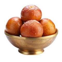Golden gulab jamun sweet dessert balls sprinkled with powdered sugar in a brass bowl isolated on transparent background