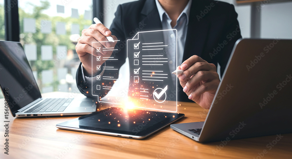 Poster a person in a suit completing a digital checklist with laptops and a tablet on the table top