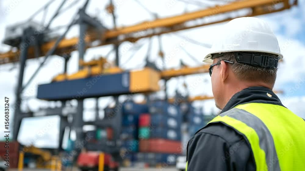Poster crane operator watches container being lowered onto stacked rows in massive port yard.