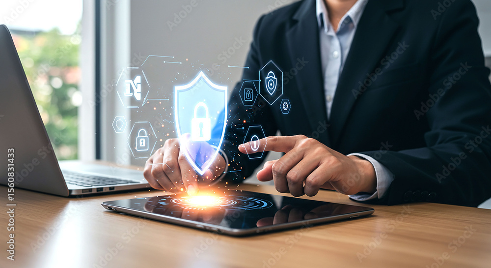 Poster person using tablet with security shield and padlock overlay in office environment for data protecti