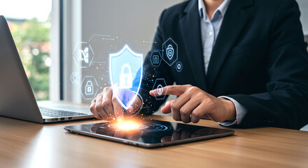 Person using tablet with security shield and padlock overlay in office environment for data protection
