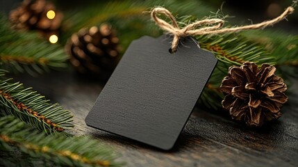 Blank christmas gift tag resting on a wooden surface.