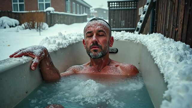 Man in an outdoor ice bath surrounded by snow, practicing cold water therapy. Concept of wellness, biohacking, and mental resilience. Crazy man in bath in the snow.