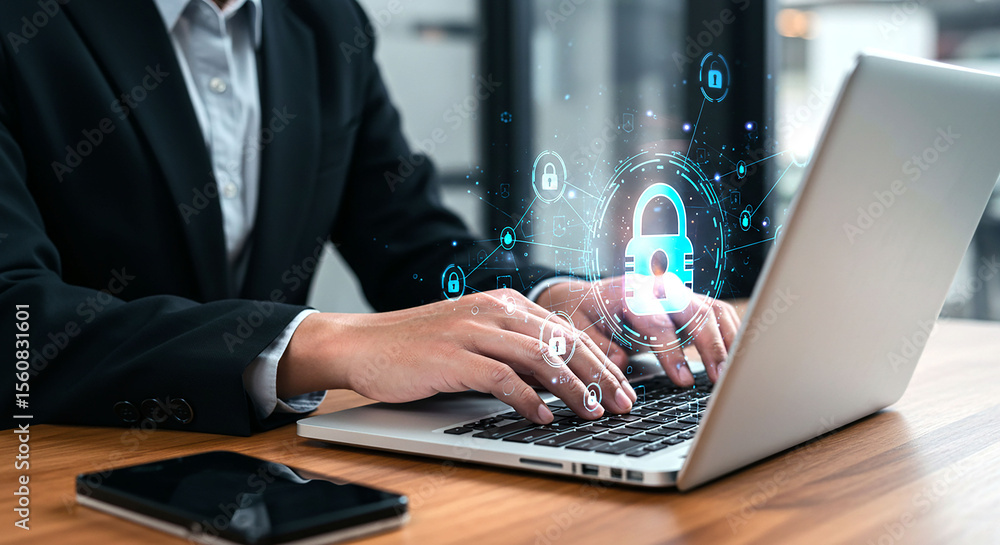 Poster a person typing on a laptop with security lock icons and a phone on the table near the computer