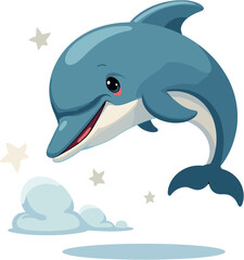 Fototapeta premium Cartoon dolphin jumping above clouds with stars in the background 