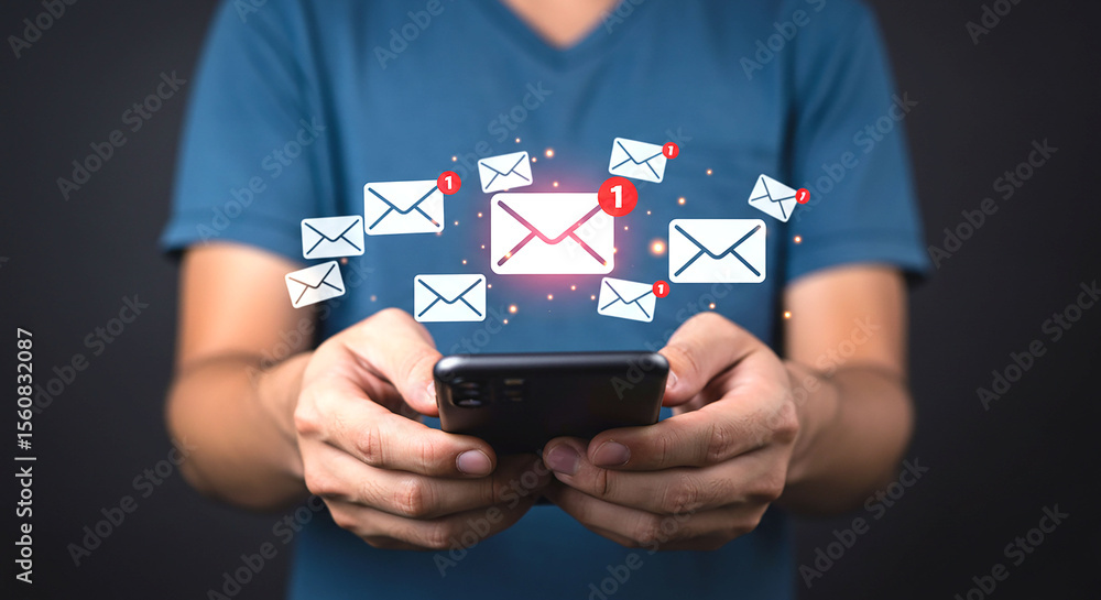 Poster person holding smartphone with email notifications floating around in a dark background scene view
