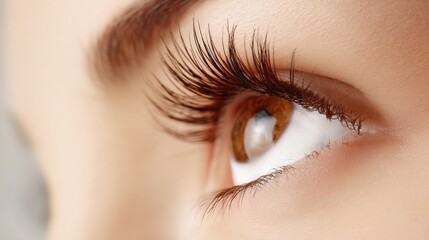 Obraz premium Close-up of a feminine eye with natural makeup, showcasing detailed iris texture against a white backdrop.