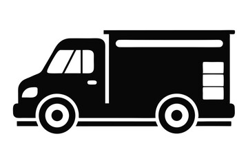 Black and White Graphic Illustration Depicting a Box Truck Style Vehicle, Transport Icon