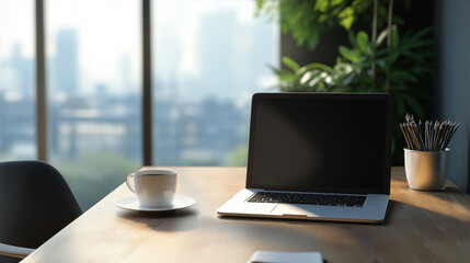 Professional minimalist desk product still: matte gray laptop with keyboard details, white ceramic steaming cup, walnut texture and cityscape bokeh, right copy space