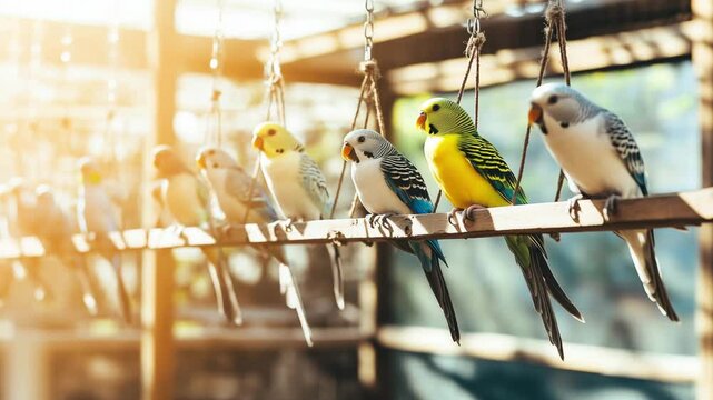 Brightly colored parakeets perch on a wooden railing in a sunny aviary, their feathers shimmering in the late afternoon light while they interact playfully with each other