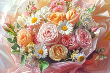 Bouquet of Mixed Roses with Delicate Petals and Soft Green Leaves