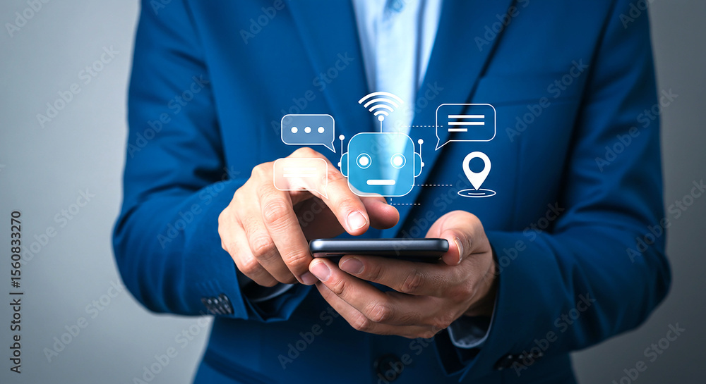 Poster person using smartphone with chatbot interface and location icon overlay in a blue jacket suit
