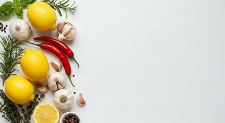 op view of ingredients with fruits, vegetables and seasoning with space for text