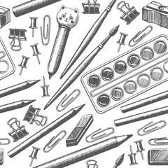 Seamless pattern different stationery, pencil, brush, watercolor paints, pen, eraser, magnifying glass vector. Hand drawn grey objects background. Education Back to School. Wrapping, fabric decor