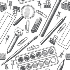 Seamless pattern different stationery, supplies, pencil, brush, watercolor paints, pen, eraser, magnifying glass vector. Hand drawn grey objects background. Education Back to School. Wrapping, fabric
