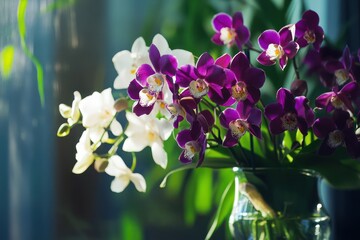 Purple and White Orchid Arrangement with Lush Green Leaves. Floral Bouquet Background